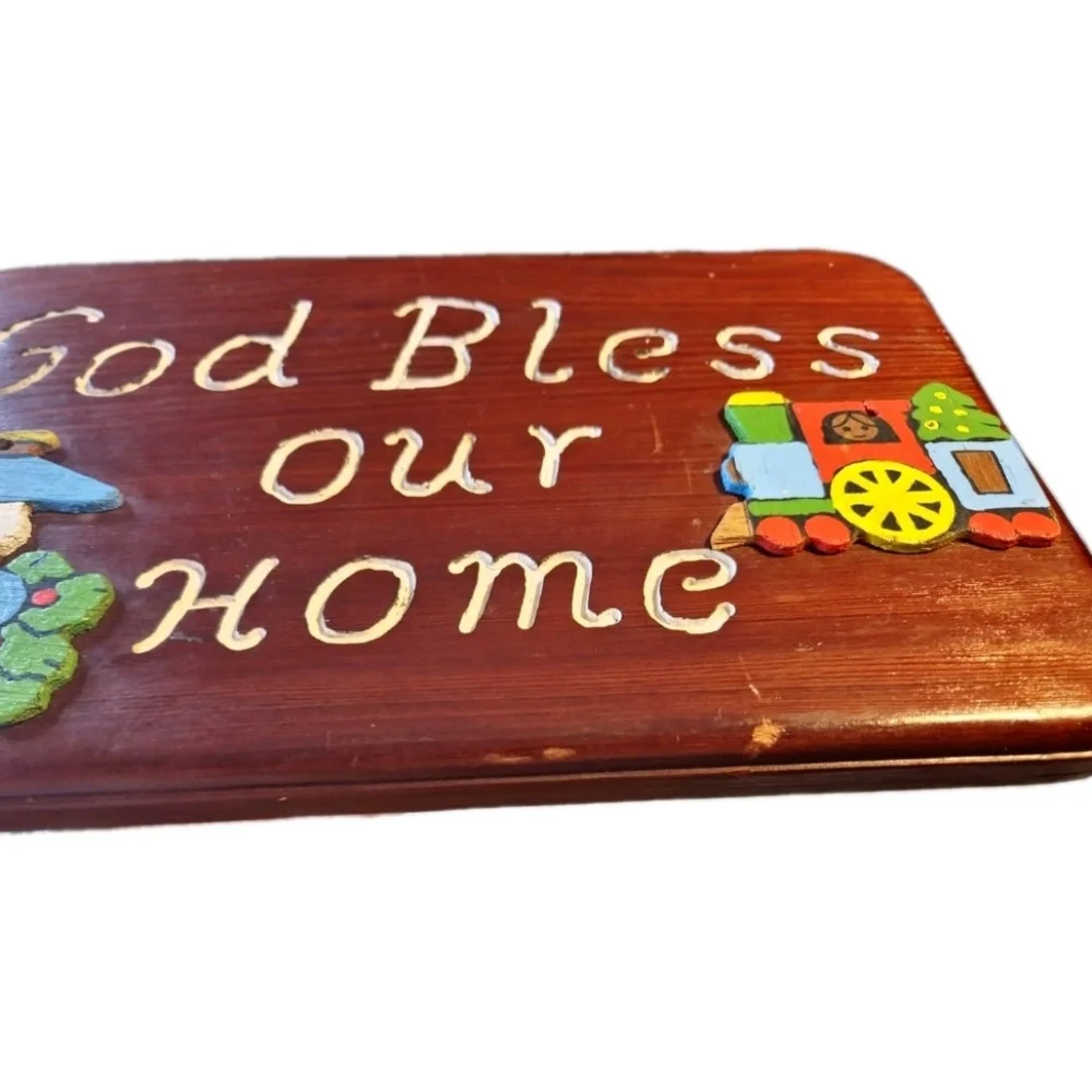 Vintage 70s 80s God Bless Our Home Religious Wooden Train ‎ Wall Plaque  Country